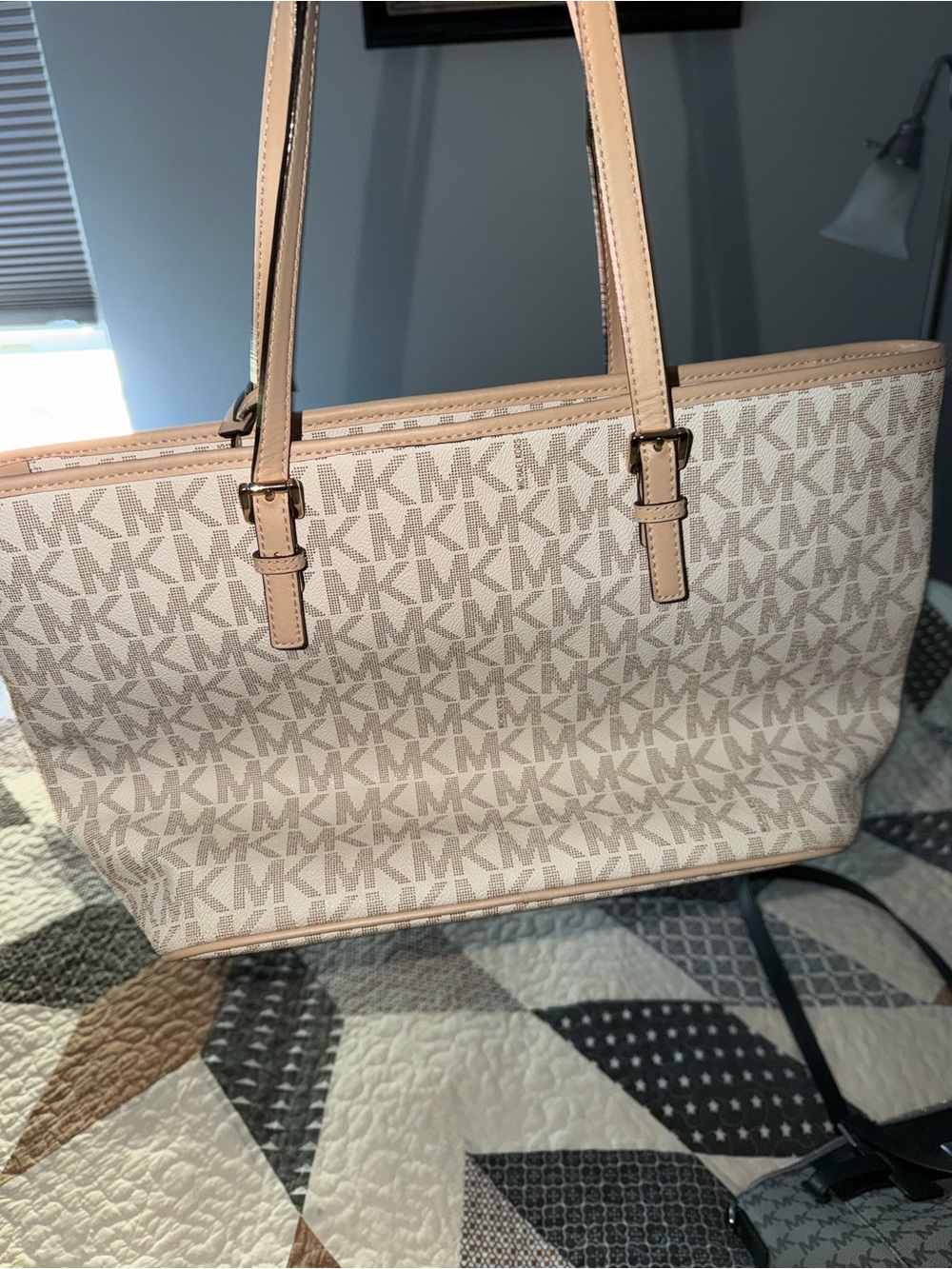 Michael Kors Beige MK Monogram Tote with Neutral Trim